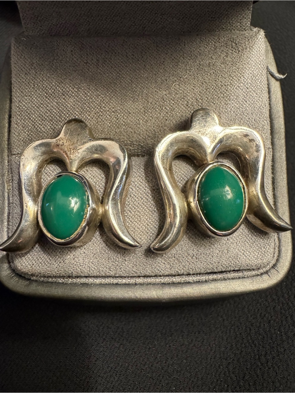 Vintage NCL Mexico 925 Sterling Silver Green Cabochon Modernist Earrings